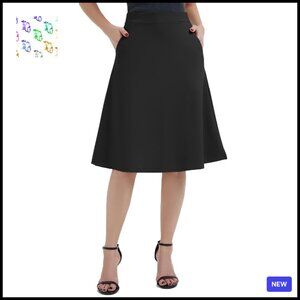 A-Line Ponte Midi Skirt High Waist Elastic Waistband Office Casual Pockets
